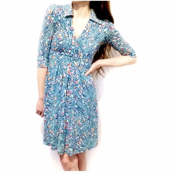 LILLY Pulitzer Feather Monogram Print Silk Stretch Flare Dress Teal Blue Size 4 - Picture 8 of 8